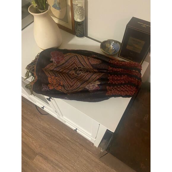 Boho Embroidered Fringe Scarf - Earthy Tones & Textured Design - Picture 2 of 2